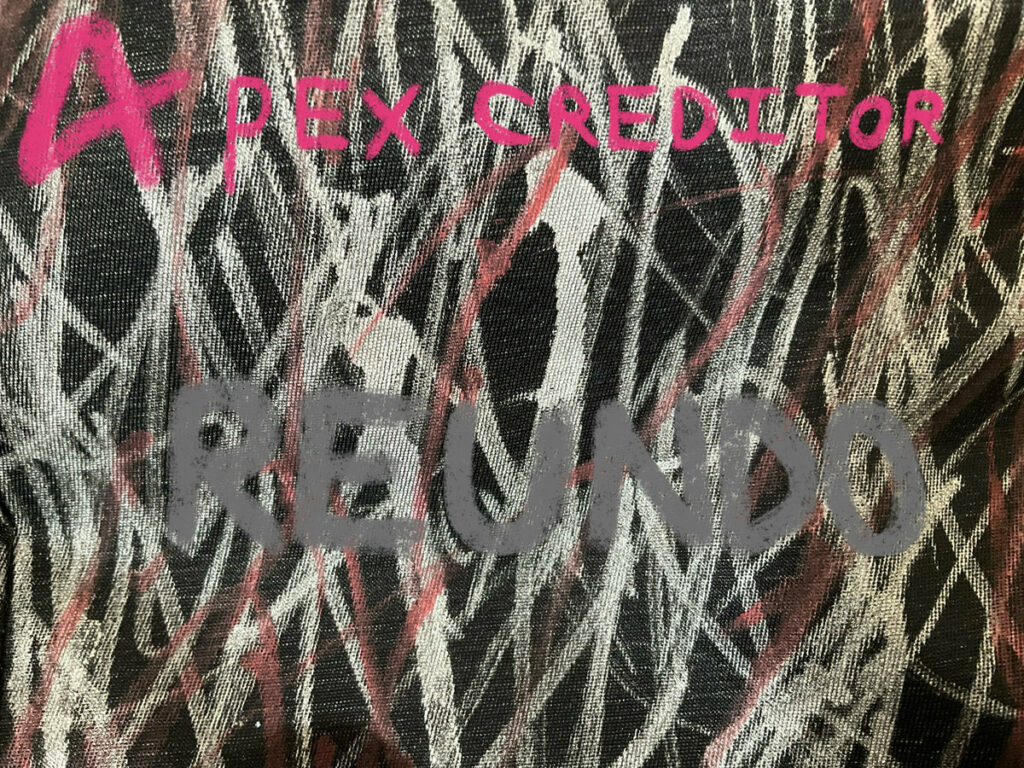 An image of red and silver streaks on black nylon canvas. Apex Creditor is written in capitals in an off-red, and Reundo is written in capitals in grey.